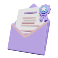 Envelope aberto roxo 3d, ícone de carta com mensagem de notificação, medalha de vencedor, fita de garantia de qualidade dourada isolada. conceito de e-mail de entrada on-line, ilustração de renderização 3d png