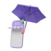 Téléphone mobile violet 3d, smartphone avec devanture de magasin, parapluie, coche isolée. achats en ligne, minimal, protéger le concept d'entreprise de franchise de démarrage, illustration de rendu 3d png