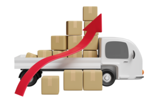 3d white delivery truck with arrow graph goods cardboard box isolated. transportation, shipping, high inflation, expensive, raise the price concept, 3d render illustration png