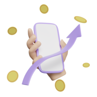 3d  hands holding smartphone icons with arrow graph, dollar money coins isolated. online shopping, saving money, business growth, 3d render illustration png