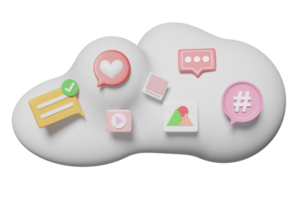 Redes sociales 3d en la nube con burbujas de chat aisladas. social en línea, aplicaciones de comunicación concepto seo, ilustración 3d png