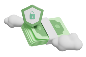 3d banknote stack icon with shield, cloud, lock, padlock, key isolated. economic movements or business finance saving money, financial business protection concept, 3d render png