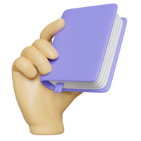 3D-Hand hält lila Lehrbuch, geschlossenes Buch isoliert. bildung, wissen schafft ideenkonzept, minimale abstrakte, 3d-renderillustration png