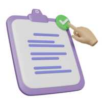 3d purple clipboard white checklist paper icon with hand pointing checkmark isolated. project plan, business strategy, quality control concept, 3d render illustration png