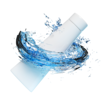 Tube de dentifrice 3d avec éclaboussures d'eau, eau bleue claire éparpillée pour le produit de soins dentaires, soins de la peau, cosmétique, publicité isolée. illustration de rendu 3d png