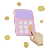 Mano 3d con icono de calculadora rosa con monedas para finanzas contables aisladas. ilustración de render 3d de concepto mínimo png