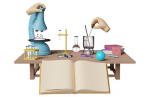 Kit de experimentos de ciencia 3d con microscopio, globo, lupa, vaso de precipitados, tubo de ensayo, escritorio, libro abierto aislado. sala de educación innovadora, concepto de e-learning, ilustración de renderizado 3d png