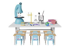 Kit d'expérience scientifique 3d avec microscope, globe, loupe, bécher, tube à essai, bureau d'étudiant, chaise isolée. éducation innovante en salle, concept d'apprentissage en ligne, illustration de rendu 3d png