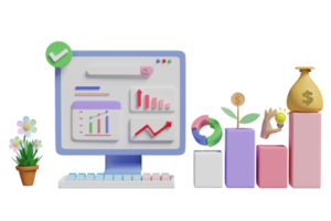 bärbar dator dator skärm 3d med finansiell Rapportera diagram, Graf, Sök bar, pengar väska, ljus Glödlampa, träd isolerat. marknadsföring företag strategi, data analys, 3d framställa illustration png