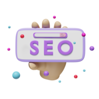 3d seo, zoeken motor optimalisatie met hand- houdt mobiel telefoon, smartphone pictogrammen, zoeken bar, vergroten geïsoleerd. online sociaal concept, 3d geven illustratie png