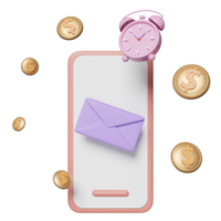 3d mobile phone, smartphone with  envelope, alarm clock wake-up time, coins isolated. notify newsletter, online incoming email, 3d render illustration png