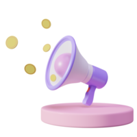 3d megaphone, hand speaker with cylinder podium, coins isolated. business finance, banking, investment concept, 3d render illustration png