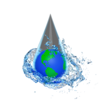 Concept de journée mondiale de l'eau 3d avec terre en goutte d'eau, éclaboussures d'eau, eau bleue claire éparpillée autour isolée. illustration de rendu 3d png