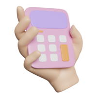 La main 3d tient l'icône de la calculatrice rose pour la finance comptable isolée. concept minimal illustration de rendu 3d png