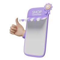 3d mobiel telefoon, smartphone met op te slaan voorkant, duimen omhoog, kwaliteit garantie lint en ster geïsoleerd. online boodschappen doen certificaat, minimaal concept, 3d geven illustratie png