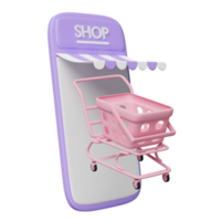 Teléfono móvil púrpura 3d, teléfono inteligente con frente de tienda, carrito de compras, cesta aislada. compras en línea, concepto mínimo, ilustración de presentación 3d png