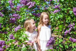 niñas adorables en el parque de árboles en flor foto