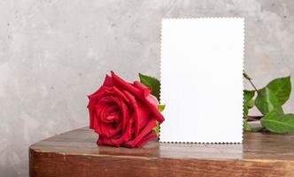 Red rose with white paper sheet for text on old rustic wooden table on light concrete wall backdrop photo