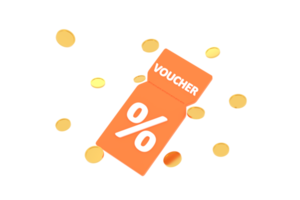 3d. coupon de réduction avec signe de pourcentage avec des pièces. remise en argent par carte de bon avec promotion de code de coupon. png