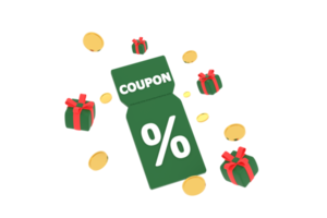 3D. discount coupon with percentage sign with coins and gift box. Voucher card cash back. png