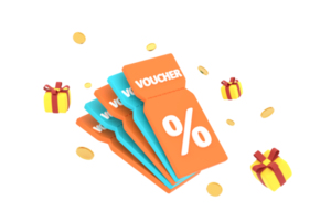 3D. discount coupon with percentage sign with coins and gift box. Voucher card cash back. png