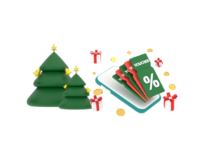 3d. smartphone auf rabattgutschein mit prozentzeichen mit münzen und geschenkbox, weihnachtsbaum. png