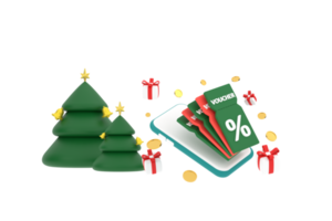 3d. smartphone sur coupon de réduction avec signe de pourcentage avec pièces de monnaie et boîte-cadeau, arbre de noël. png