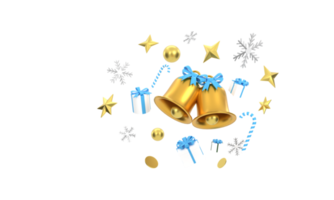 3d. fundo de feliz natal com enfeites de ouro brilhantes. flocos de neve, presente, doces, png