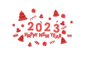 3d. Lycklig ny år 2023, glad jul jul träd, gåvor, klocka, jul boll png