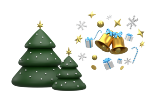 3D. Merry Christmas background with shining gold ornaments. Christmas tree,  snowflakes, gift, candy, png