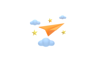 3D. paper airplane with clouds Concept Online social network. png