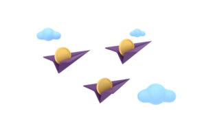 3d. avião de papel e moedas com nuvens fofas. conceito financeiro. png