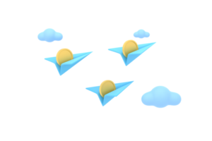 3D. paper airplane and coins with clouds cute. financial concept. png