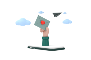 3D. hand hold envelope letter on mobilephone, mail letter with red heart and paper plane. png