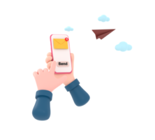 3D. hand holding the smartphone with e-mail application on screen and paper plane. png