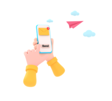 3D. hand holding the smartphone with e-mail application on screen and paper plane. png