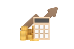 3d. concept de calculatrice minimale de gestion financière. calculatrice avec pile de pièces et flèche. png