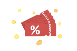 3d. sconto buono con percentuale cartello con monete. voucher; tagliando carta denaro contante indietro con buono codice promozione. png