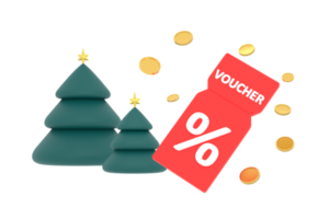 3D. discount coupon with percentage sign with coins. Voucher card cash back christmas tree. png