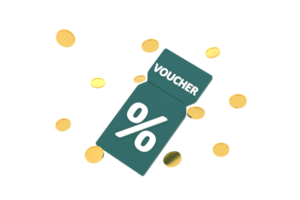 3d. cupom de desconto com sinal de porcentagem com moedas. cartão voucher em dinheiro de volta com promoção de código de cupom. png