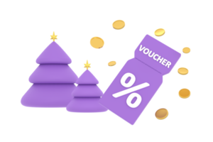 3D. discount coupon with percentage sign with coins. Voucher card cash back christmas tree. png