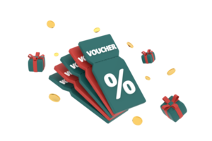 3D. discount coupon with percentage sign with coins and gift box. Voucher card cash back. png