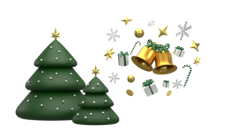 3d. feliz fondo navideño con brillantes adornos dorados. árbol de navidad, copos de nieve, regalo, caramelo, png