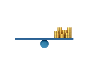 3d. pièce d'or sur l'échelle d'équilibrage. concept de financement d'entreprise. png