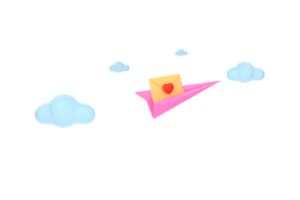 3d. lettre d'enveloppe d'icône, lettre de courrier avec coeur rouge sur avion en papier. png