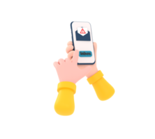 3d. hand innehav en cell telefon med en bedräglig SMS på de skärm. elektronisk meddelandehantering lurendrejeri varna png