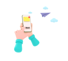 3D. hand holding the smartphone with e-mail application on screen and paper plane. png