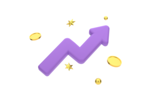3d. graphique boursier de croissance avec pièces de monnaie et étoile, icône d'investissement png