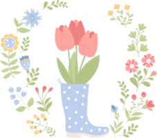 Bouquet tulips in rubber boot and flowers png