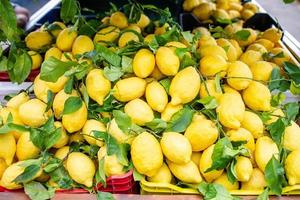 Wicker basket full of lemons on the italian street od Corniglia photo